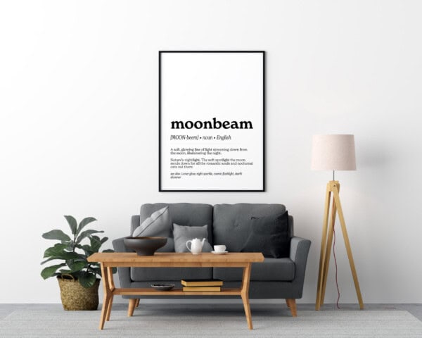 An art print presenting the word "moonbeam," defined as "A soft, glowing line of light streaming down from the moon, illuminating the night." The poetic description calls it "nature’s nightlight for romantic souls and nocturnal cats."