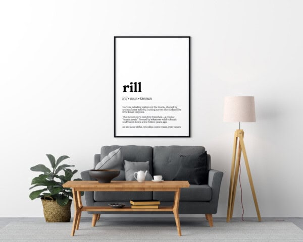 A minimalist print showcasing the word "rill," defined as "Narrow, winding valleys on the moon, shaped by ancient lunar activity, cutting across the surface like little lunar canyons." The commentary adds, "The moon’s very own tiny trenches."