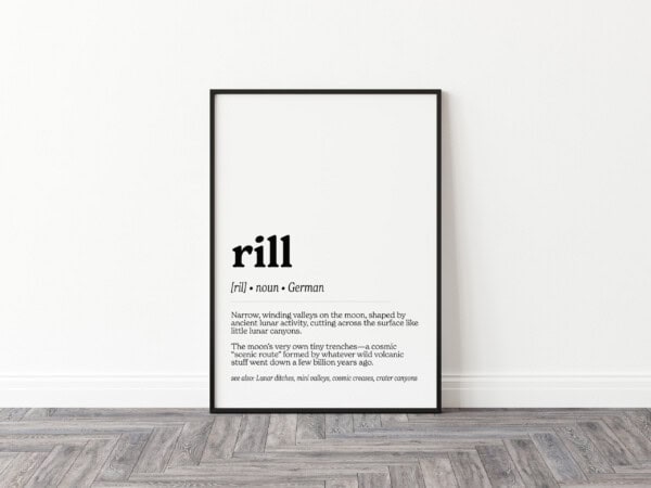 A minimalist print showcasing the word "rill," defined as "Narrow, winding valleys on the moon, shaped by ancient lunar activity, cutting across the surface like little lunar canyons." The commentary adds, "The moon’s very own tiny trenches."