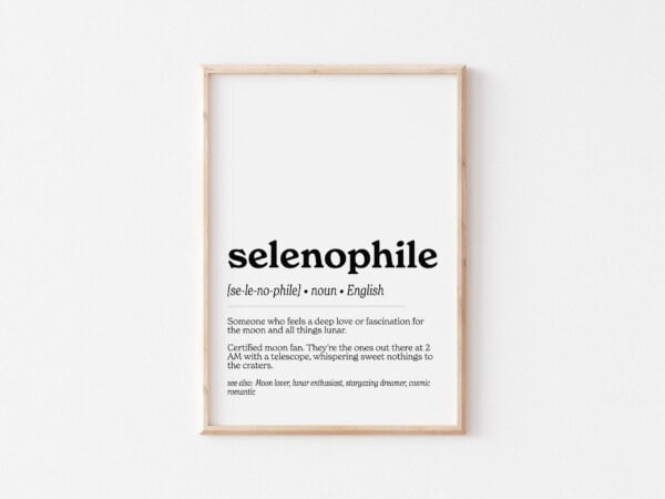 A wall art print highlighting the word "selenophile" in bold text, defined as "Someone who feels a deep love or fascination for the moon and all things lunar." Below, poetic commentary reads, "Certified moon fan: the ones out there at 2 AM with a telescope, whispering sweet nothings to the craters."